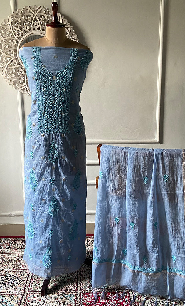 Women's Lakhnavi Handcrafted Mul Chanderi Unstitched Chikankari Full Suit Material - HONC0316858