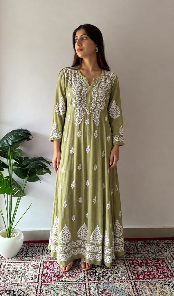 Women's Lucknowi Handcrafted Modal Cotton Chikankari Anarkali Dress - HONC0303897