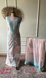 Load image into Gallery viewer, Women's Lakhnavi Handcrafted Cotton Unstitched Chikankari Kurta Dupatta Set - HONC0358179