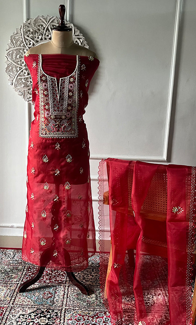 Women's Lakhnavi Handcrafted Pure Organza Chikankari Unstitched Kurta And Dupatta Set- HONC0335374