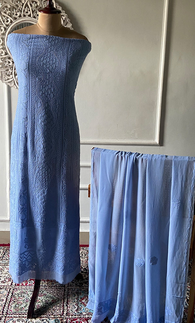 Women's Lakhnavi Handcrafted Viscose Georgette Unstitched Chikankari Full Suit Material - HONC0319630