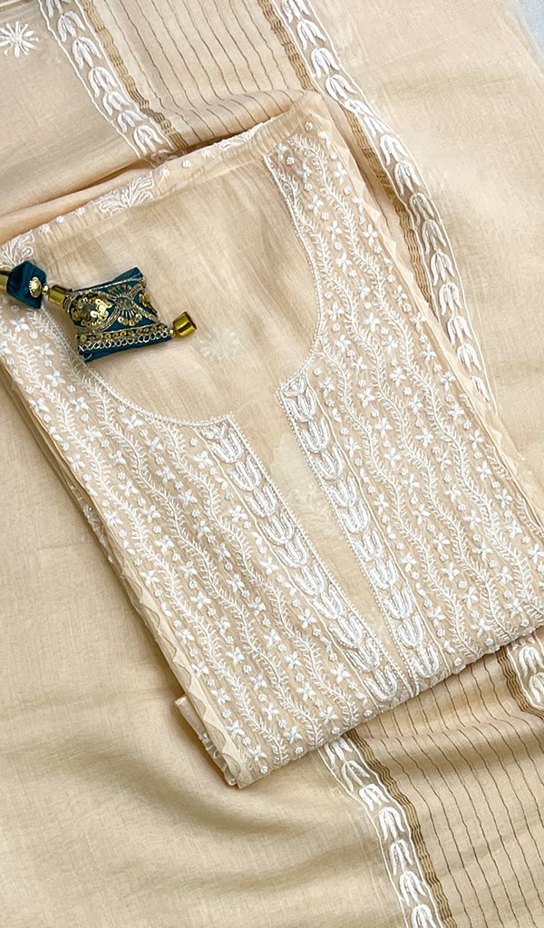 Women's Lakhnavi Handcrafted Mul Chanderi Semi Stitched Kurta And Dupatta Set- HONC0174190