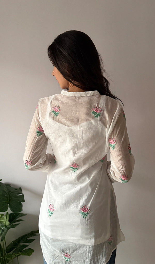 Women's Lakhnavi Handcrafted Mul Chanderi Chikankari Top - HONC0372703