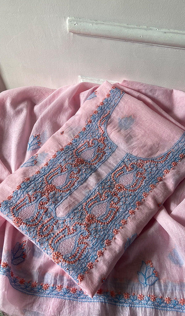 Women's Lakhnavi Handcrafted Mul Chanderi Unstitched Chikankari Full Suit .