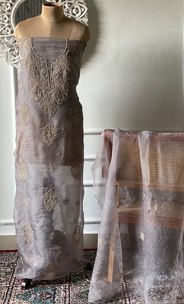 Women's Lakhnavi Handcrafted Pure Organza Chikankari Unstitched Kurta And Dupatta Set- HONC0318665