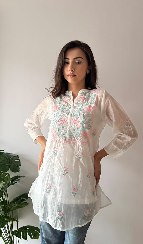 Women's Lakhnavi Handcrafted Mul Chanderi Chikankari Top - HONC0372702