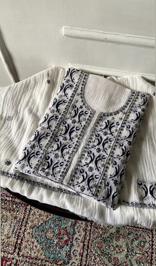 White Pure Mul Chanderi Chikankari 2 Pc Unstitched Suit Set — Deep Navy Work