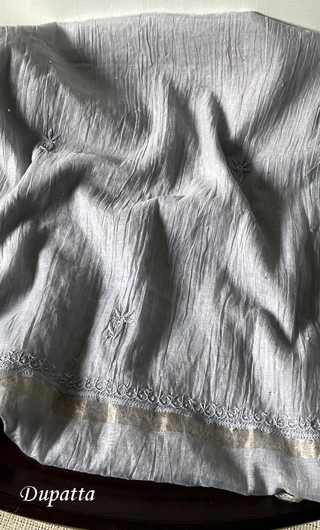 Women's Lakhnavi Handcrafted Mul Chanderi Semi - stitched Chikankari Full Suit Material - HONC0319560