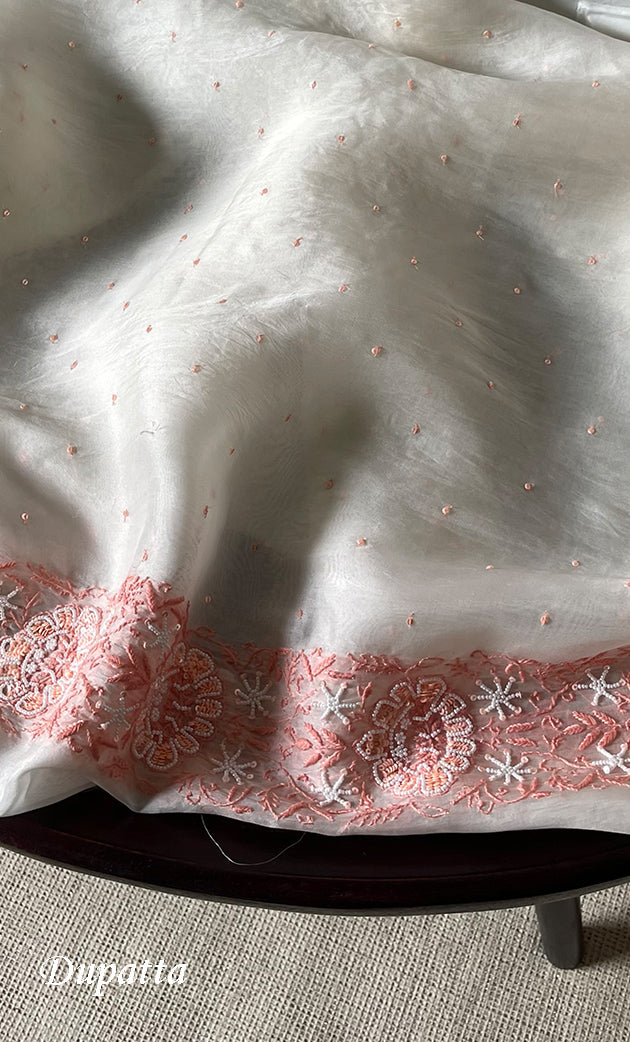 Women's Lakhnavi Handcrafted Pure Organza Chikankari Unstitched Kurta And Dupatta Set- HONC0321297