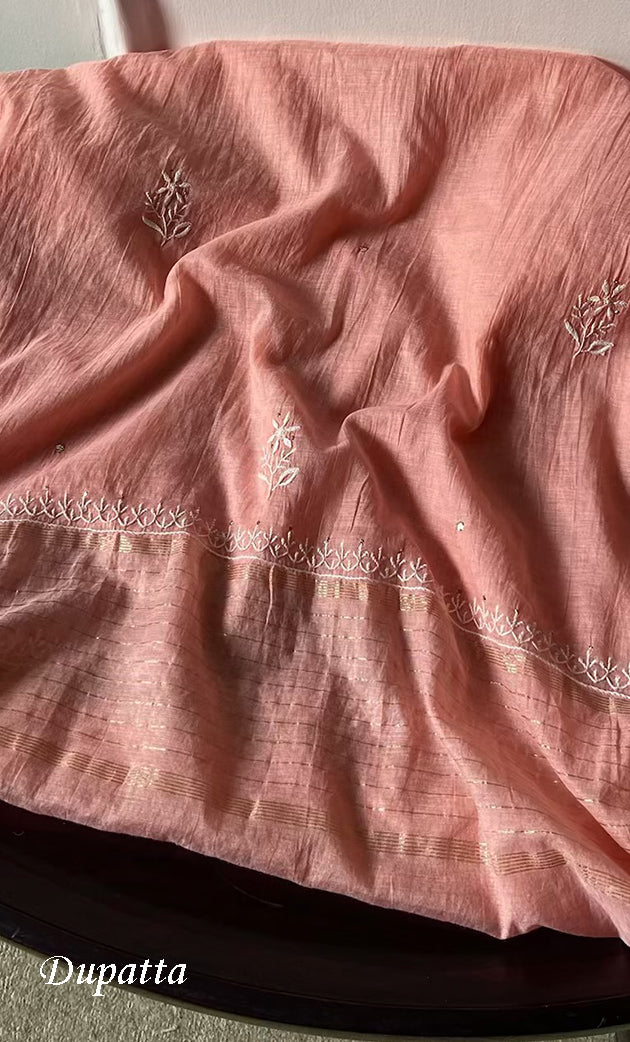 Women's Lakhnavi Handcrafted Mul Chanderi Semi - Stitched Kurta And Dupatta Set- HONC0305141