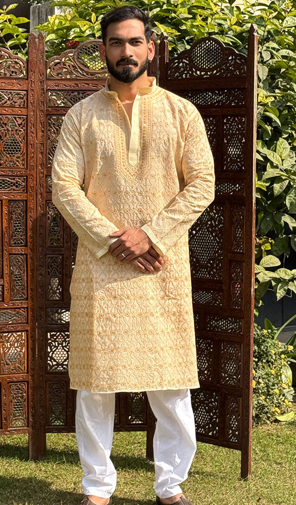 Men's Lucknowi Handcrafted Cotton Chikankari Kurta - HONC0201002