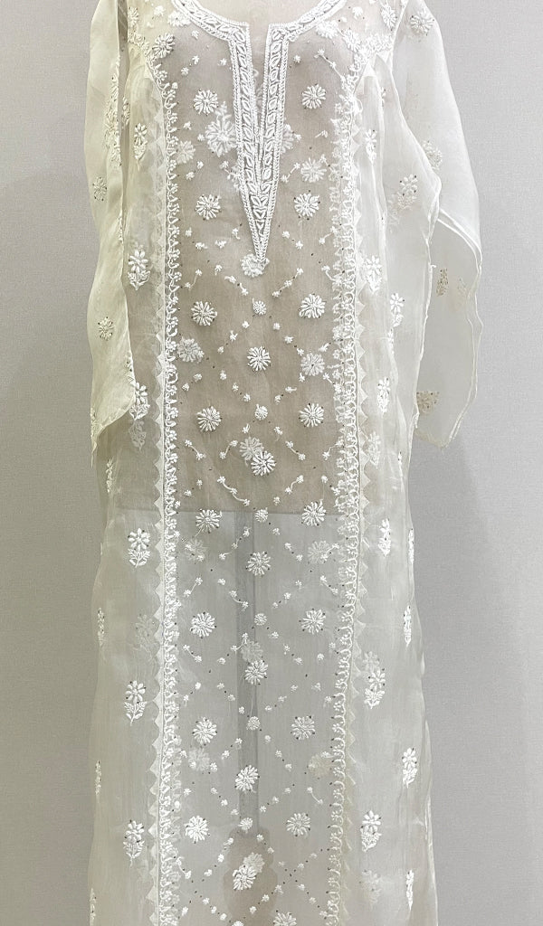 Lucknowi Handcrafted Pure Organza Silk Chikankari Semi-Stitched Kurti Fabric - HONC0215646