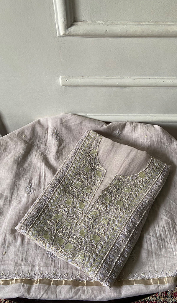 Women's Lakhnavi Handcrafted Mul Chanderi Unstitched Chikankari Full Suit - HONC0344647