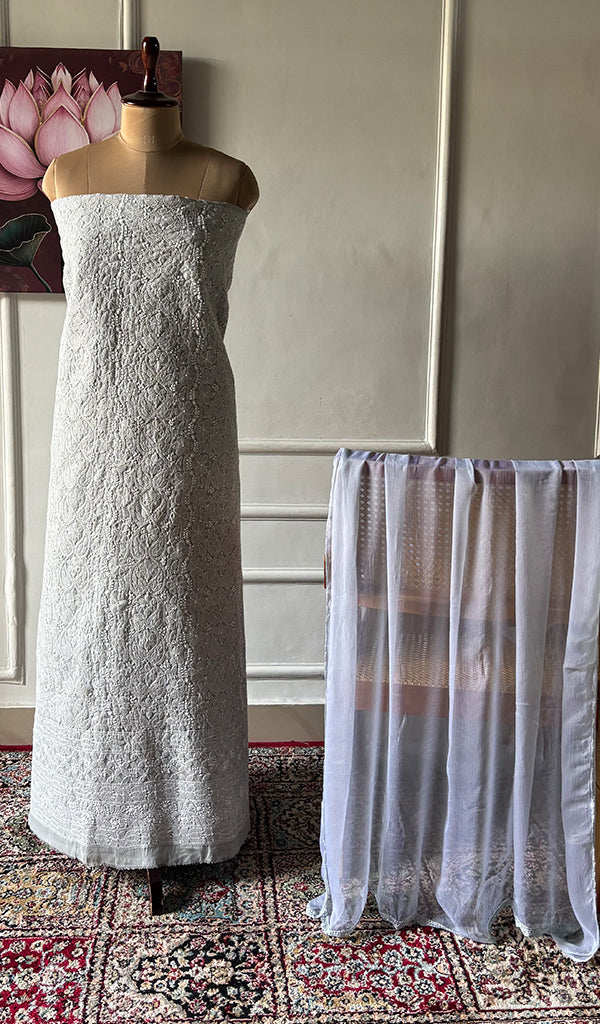 Women's Lakhnavi Handcrafted Unstitched Cotton Chikankari Suit Material - HONC0348582
