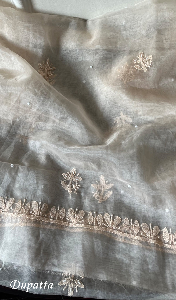 Women's Lakhnavi Handcrafted Organza Chikankari Unstitched Full Suit Material - HONC0271219