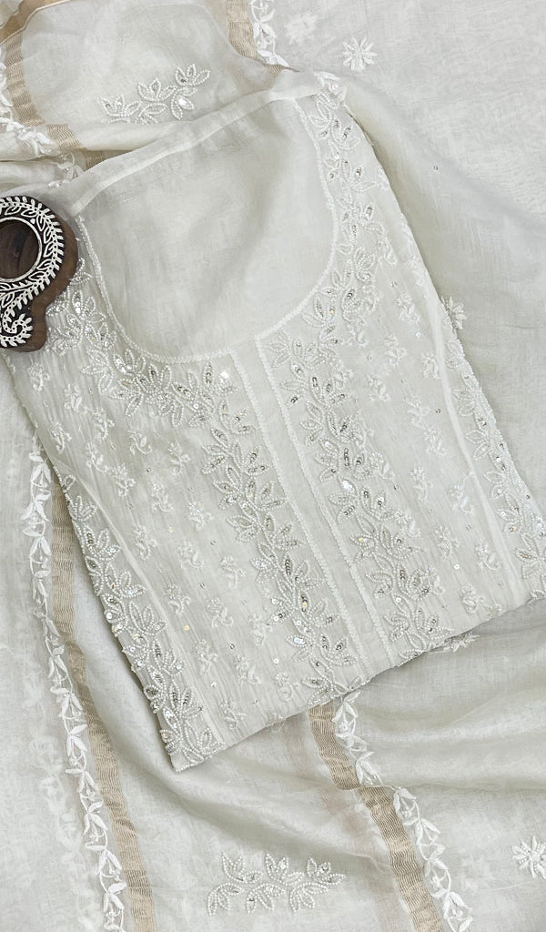 Women's Lucknowi Handcrafted Mul Chanderi Chikankari Semi Stitched Kurta And Dupatta Set- Honc0143019