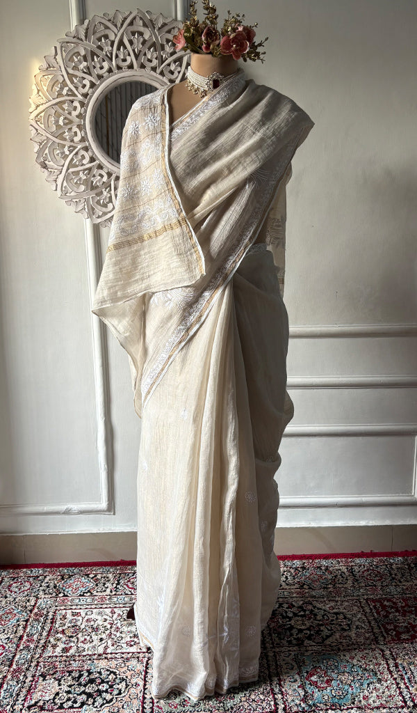 Women's Lakhnavi Handcrafted Tissue Chanderi Chikankari Saree - HONC0350401