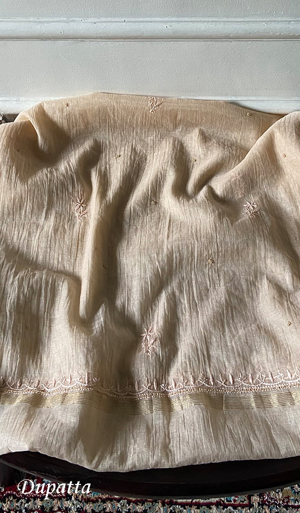 Women's Lakhnavi Handcrafted Mul Chanderi Unstitched Chikankari Full Suit Material - HONC0345053