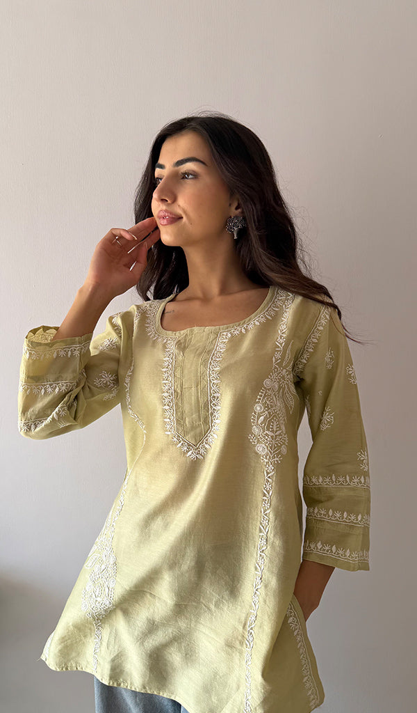 Women's Lakhnavi Handcrafted Mul Chanderi Chikankari Top - HONC0329102
