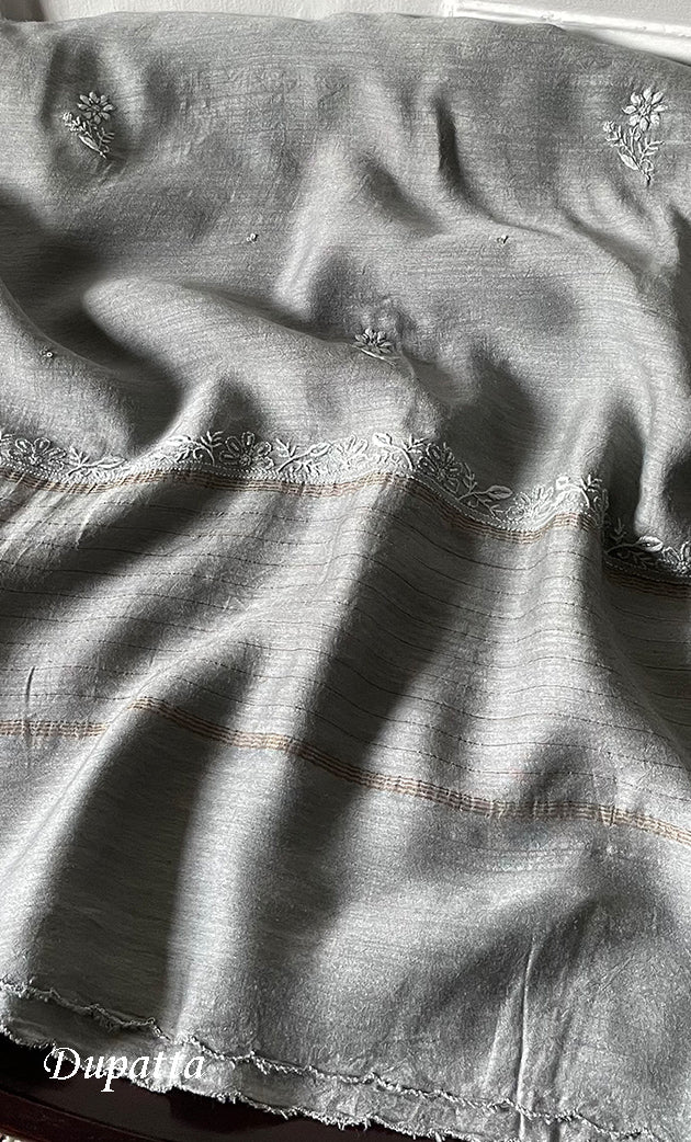 Women's Lakhnavi Handcrafted Unstitched Munga Silk Chikankari Kurta And Dupatta Set- HONC0285381