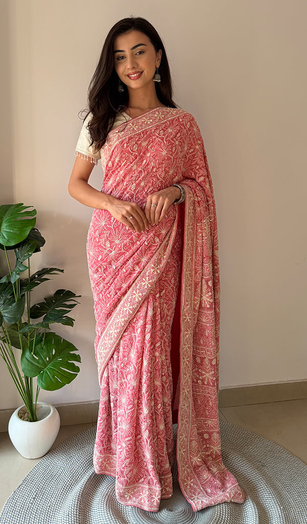 Women's Lakhnavi Handcrafted Pure Silk Georgette Chikankari Saree - HONC0334748
