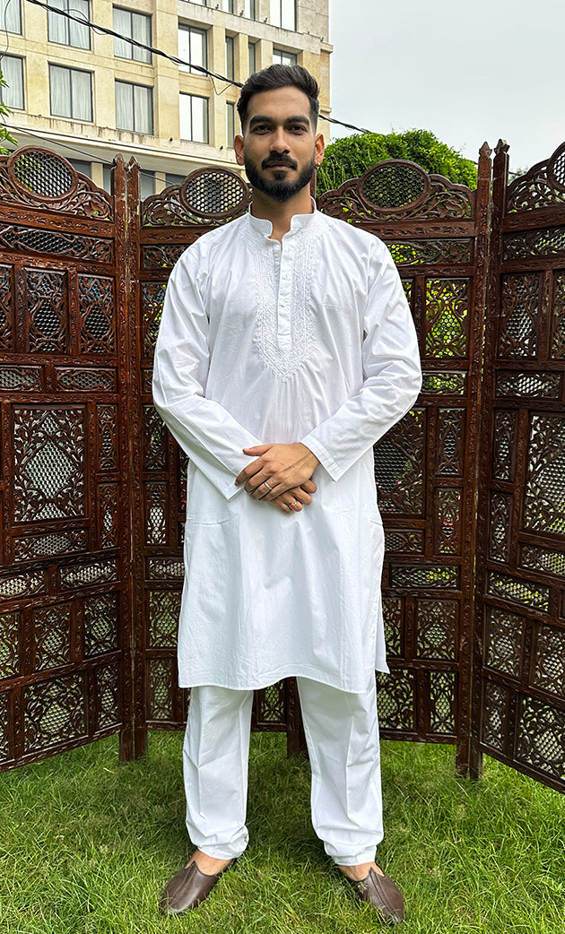 Men's Lucknowi Handcrafted Cotton Chikankari Kurta With Pant HONC0323816