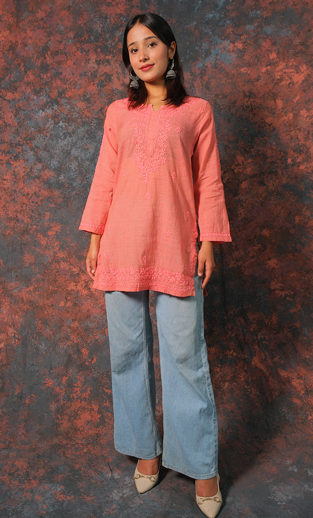Atifa Women's Lakhnavi Handcrafted Cotton Chikankari Top - HONC0331499