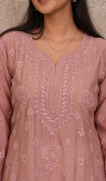 Women's Lucknowi Handcrafted Chanderi Silk  Stitched Chikankari Kurta And Pant Set .