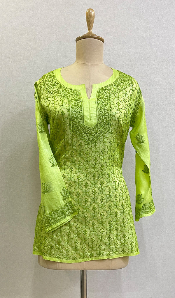 Women's Lakhnavi Handcrafted Silk Chikankari Top - HONC0176256
