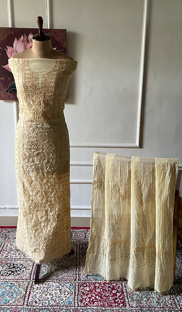 Women's Lucknowi Handcrafted Chanderi Silk Unstitched Chikankari Full Suit Material - HONC0342158