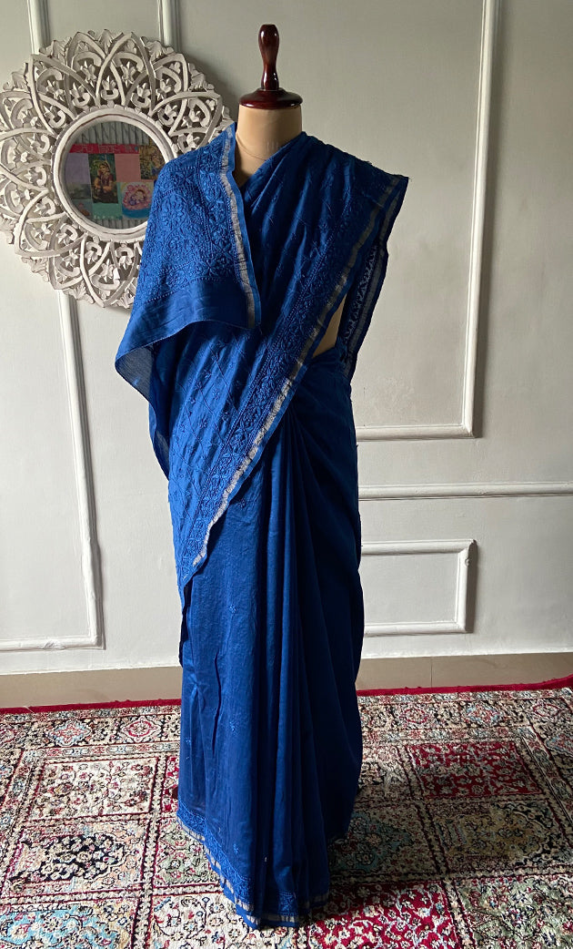 Women's Lakhnavi Handcrafted Chanderi Silk Chikankari Saree - HONC0340411