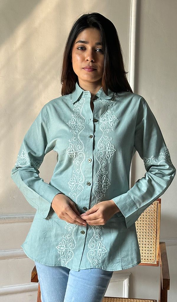 Women's Lucknowi Handcrafted Slub Cotton Chikankari Shirt - HONC0299122