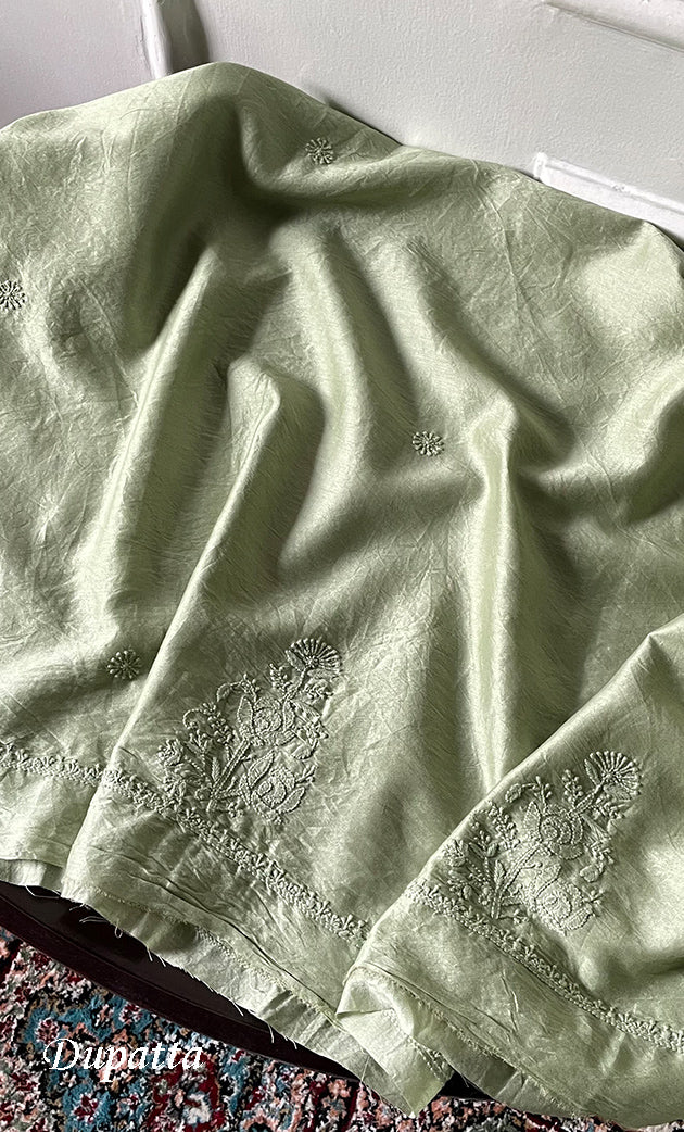 Women's Lucknowi Handcrafted Unstitched Chanderi Silk Chikankari Full Suit Material - HONC0322711