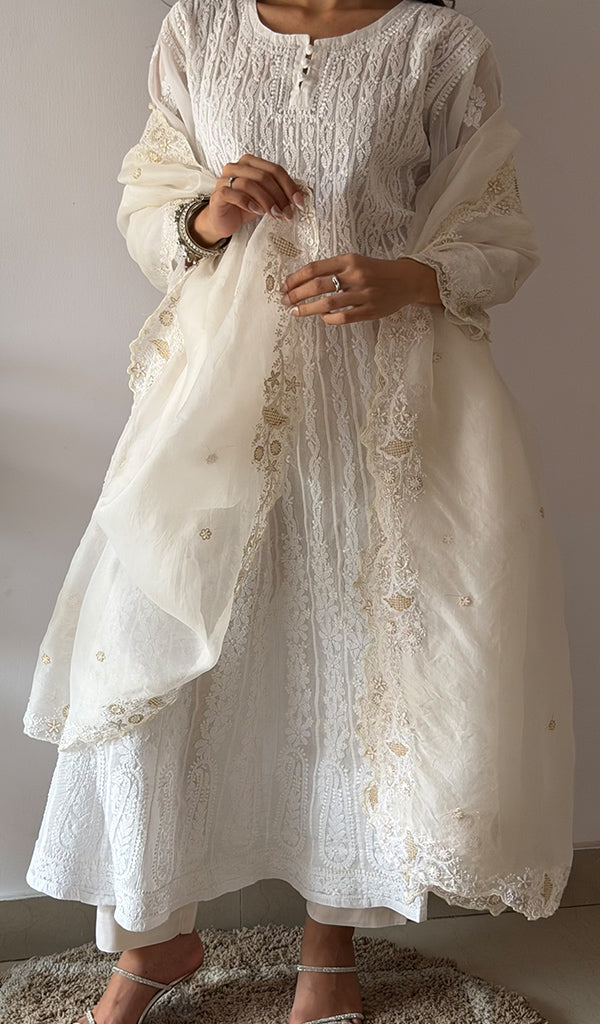 Women's Lucknowi Handcrafted Pure Organza Silk Chikankari Dupatta - HONC0380139