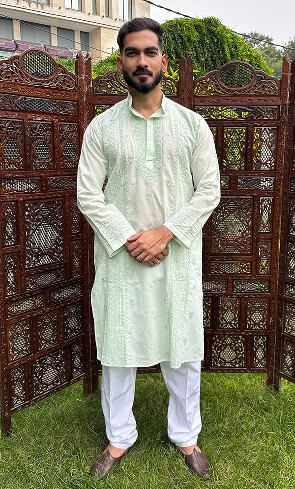 Men's Lucknowi Handcrafted Cotton Chikankari Kurta - HONC0315392
