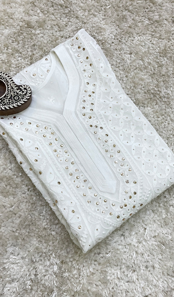 Women's Lakhnavi Handcrafted Viscose Georgette Chikankari Kurti- HONC0161854