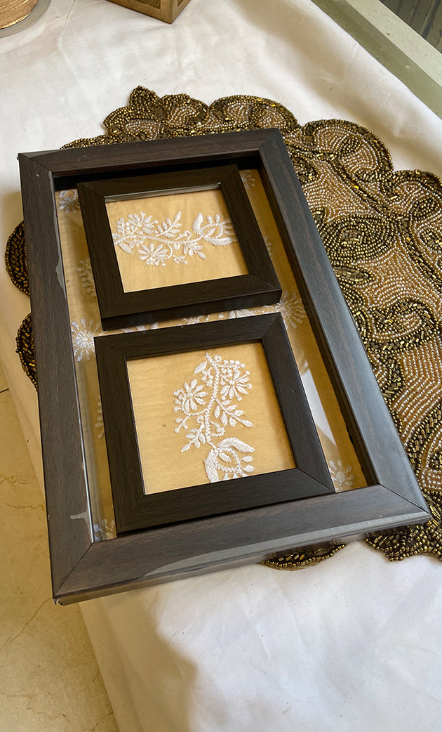 Handcrafted Chikankari Tray with Two Coasters – Wooden Frame - HONC031095