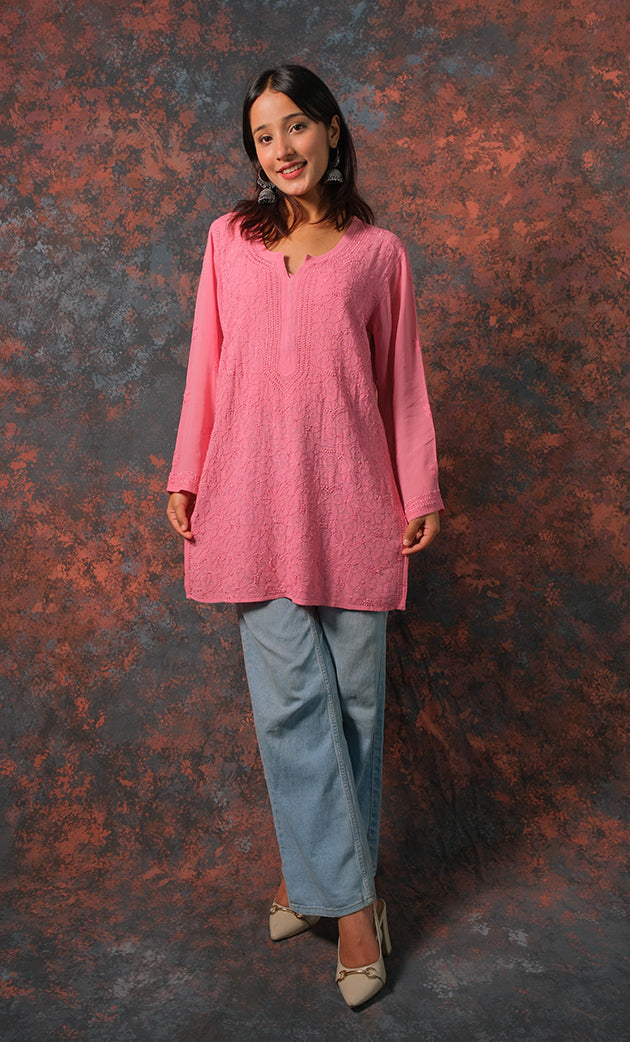Hanifa Women's Lucknowi Handcrafted Viscose Georgette Chikankari Top - HONC0327546