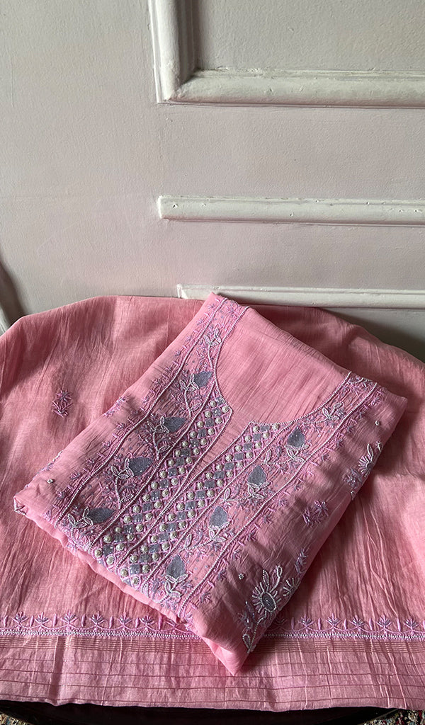Women's Lakhnavi Handcrafted Mul Chanderi Unstitched Chikankari Full Suit - HONC0354708