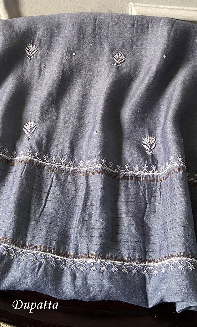 Women's Lakhnavi Handcrafted Unstitched Munga Silk Chikankari Kurta And Dupatta Set- HONC0268577