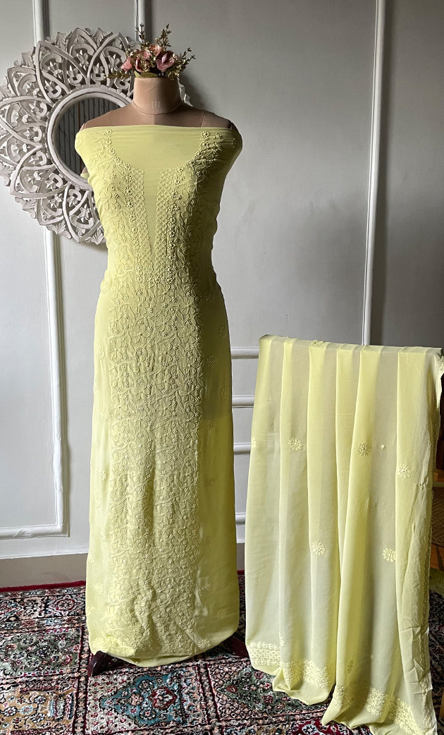 Women's Lakhnavi Handcrafted Viscose Georgette Chikankari Full Suit Material - HONC0312590