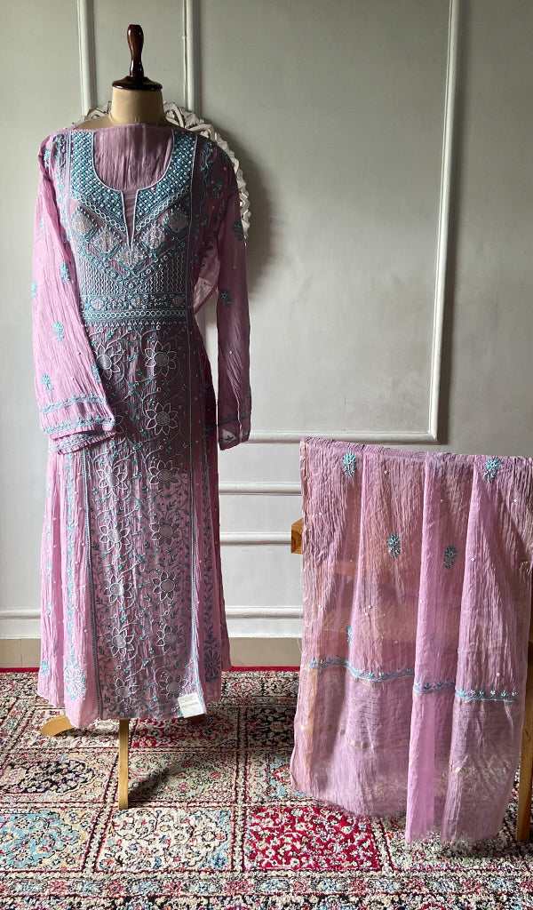 Women's Lakhnavi Handcrafted Mul Chanderi Semi - Stitched Anarkali And Dupatta Set - HONC0376017