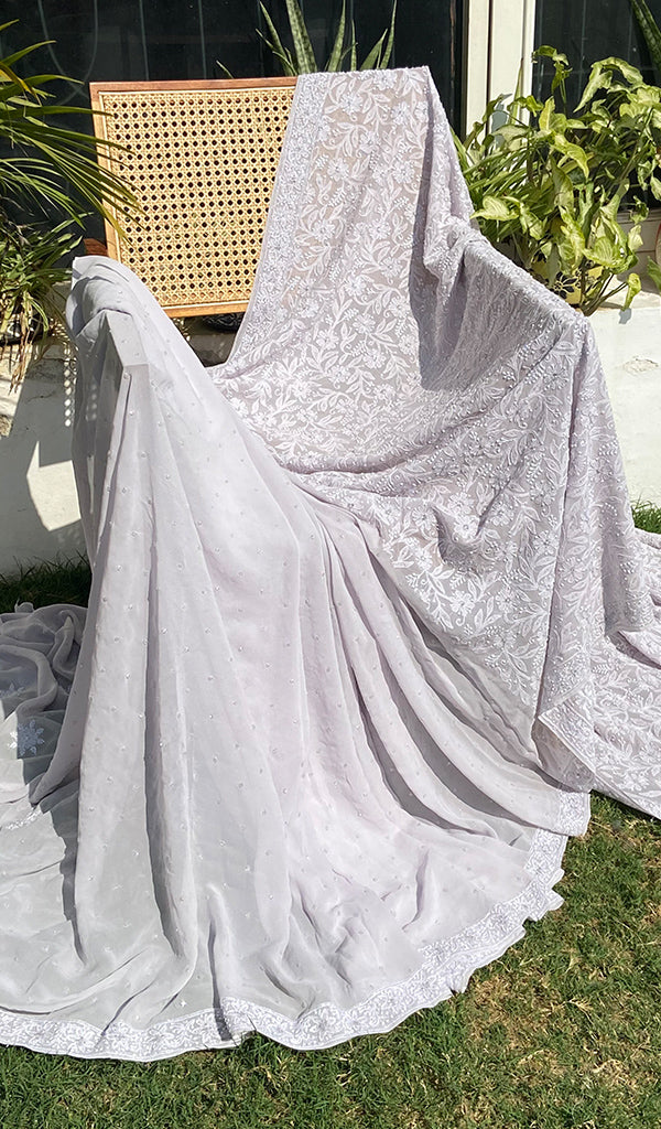 Women's Lakhnavi Handcrafted Pure Silk Georgette Chikankari Saree - HONC0216690