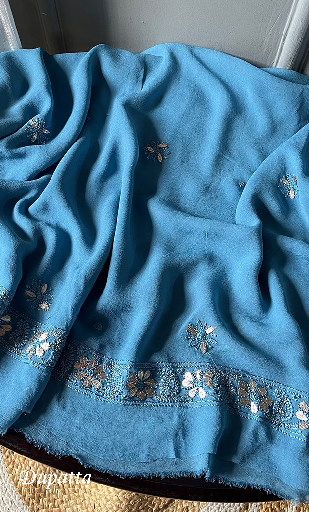 Women's Lakhnavi Handcrafted Viscose Georgette Chikankari Full Suit Material - HONC0277001