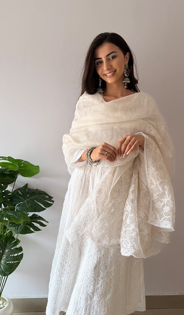 Women's Lucknowi Handcrafted Pure Organza Silk Chikankari Dupatta - HONC0380140