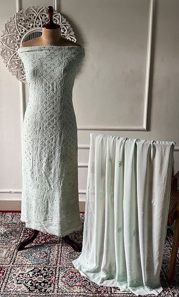 Women's Lucknowi Handcrafted Viscose Georgette Unstitched Chikankari Suit Material - HONC0271118