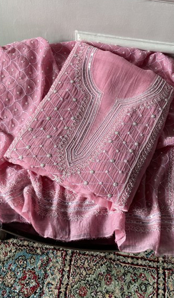 Mihi Pure Mul Chanderi Chikankari 3 Pc Unstitched Suit Set