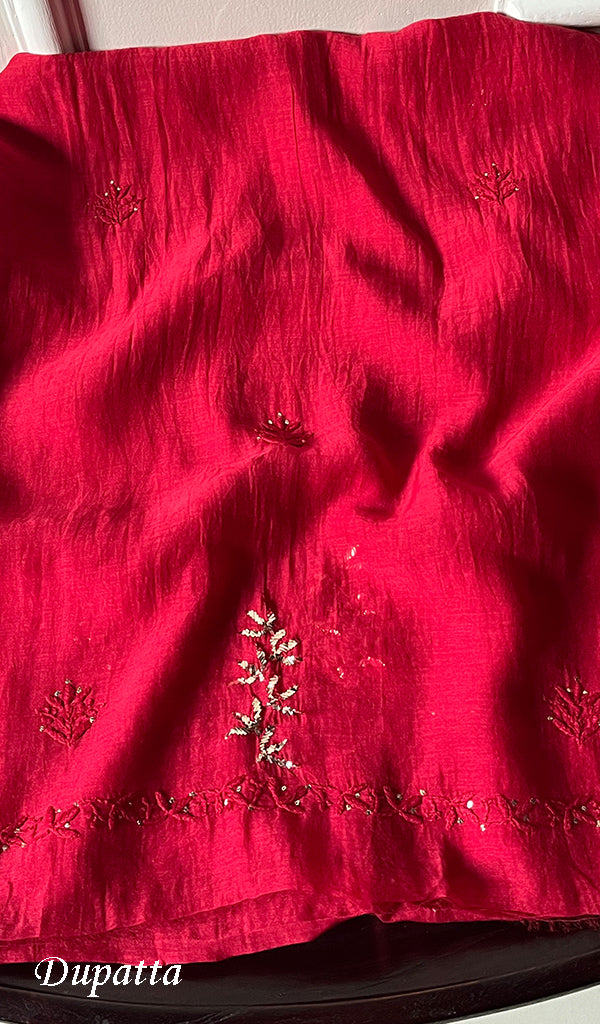 Red Stitched Kurta And Dupatta Set
