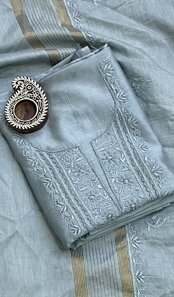 Women's Lakhnavi Handcrafted Chanderi Silk Chikankari Full Suit Material - HONC0170803