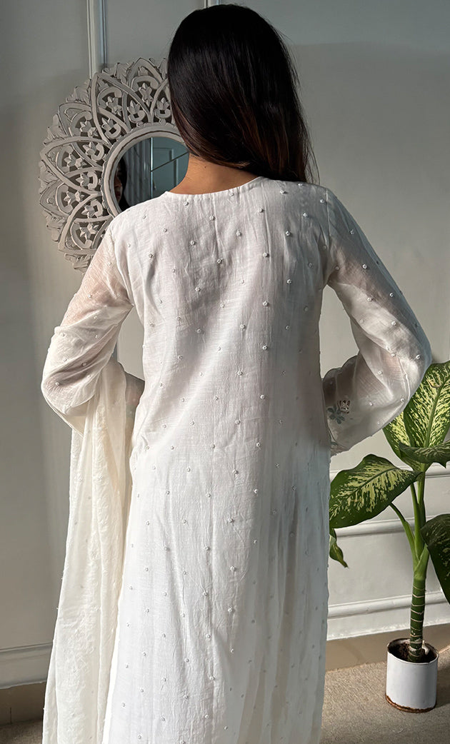 Women's Lakhnavi Handcrafted Mul Chanderi Chikankari Stitched Kurta, Dupatta And Pant Set - HONC0300859